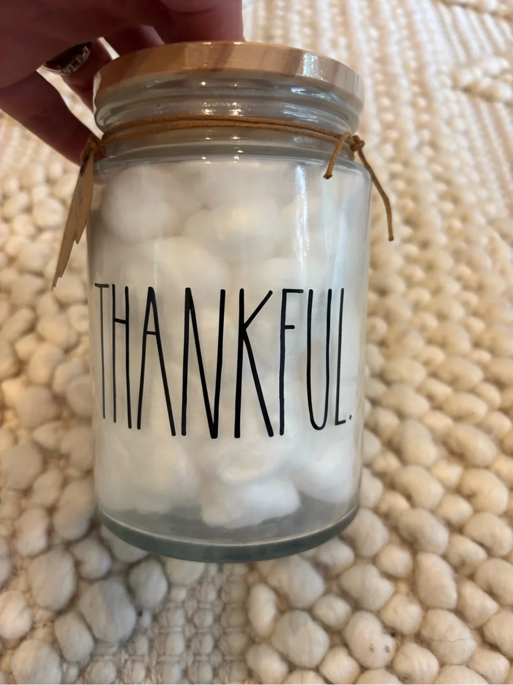 NWT Rae Dunn Thankful Fall glass jar container with 60 cotton balls
